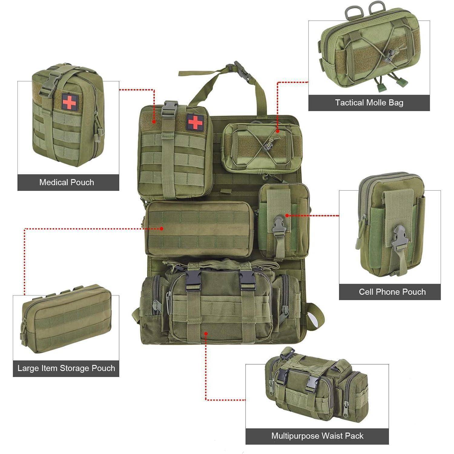 Illustrierte modulare olivgrüne taktische Tasche mit beschrifteten abnehmbaren Taschen: Medizinische Tasche, taktische MOLLE-Tasche, Handytasche, Aufbewahrungstasche für große Gegenstände und multifunktionales Hüfttäschchen.