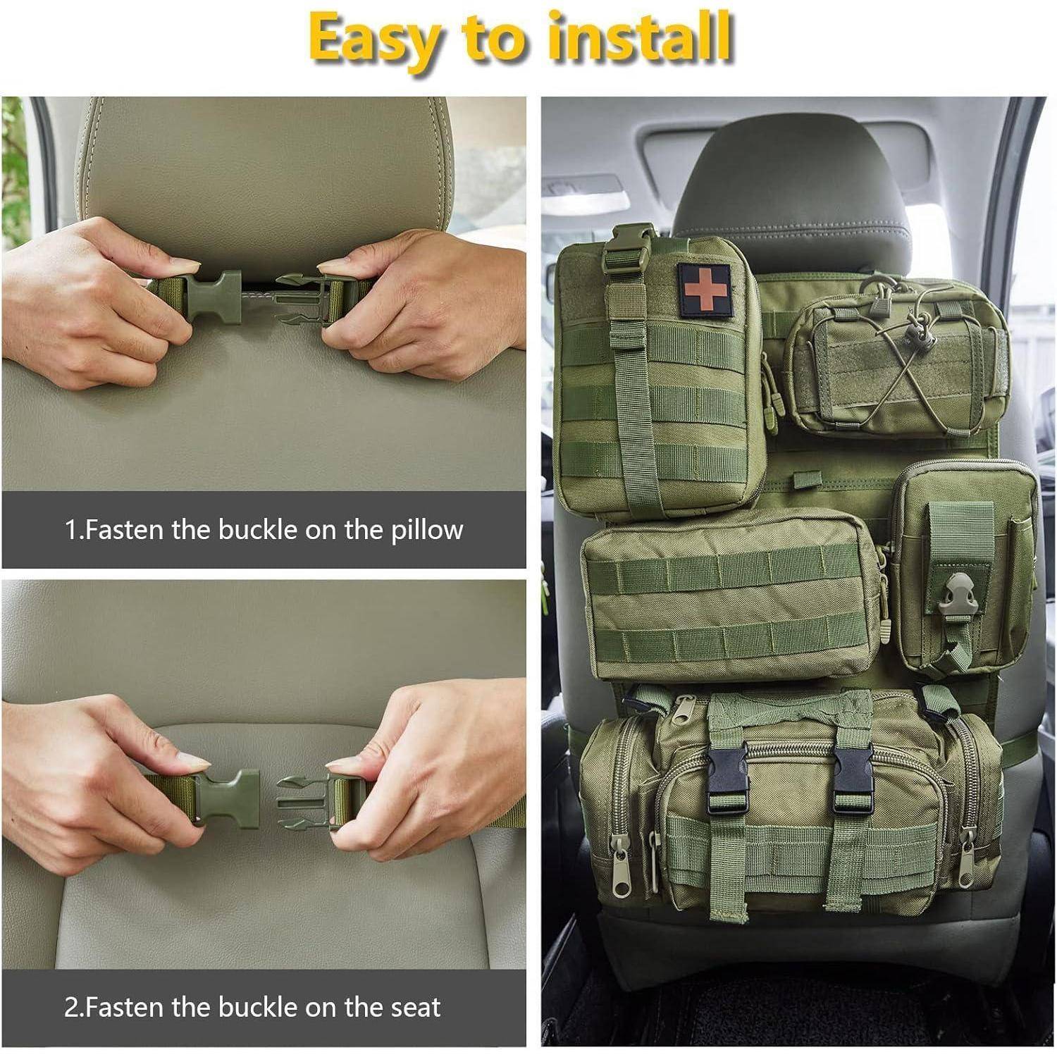 Anleitung zum Installieren eines olivgrünen taktischen Sitzorganizers auf einem Autositz: Befestigen Sie die Schnalle am Kopfstützenkissen, dann am Sitz; der fertige Organizer hat mehrere Taschen.