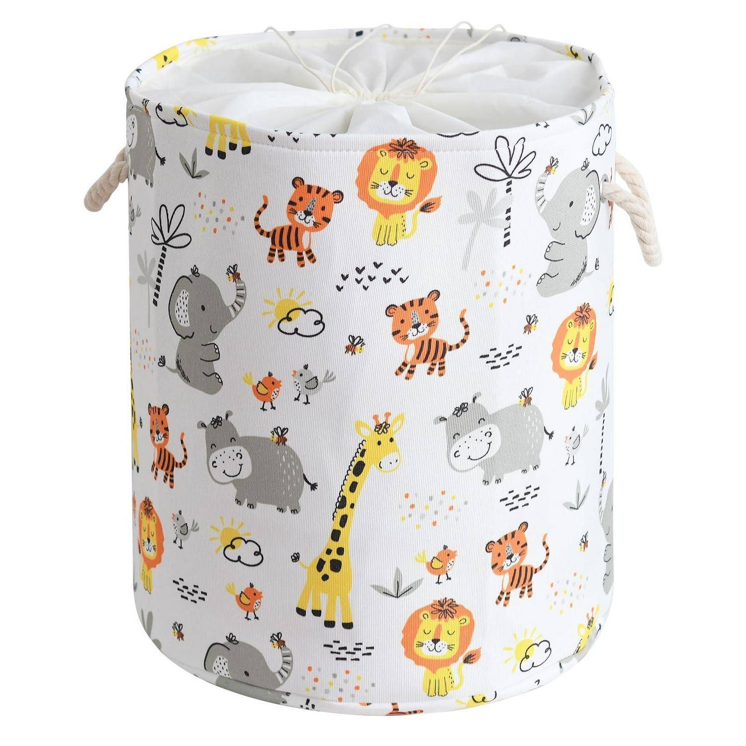 Weißer Stoff-Aufbewahrungskorb mit Seilgriffen, bedruckt mit Cartoon-Dschungeltieren einschließlich Löwen, Tigern, Elefanten, Giraffe und Vögeln.