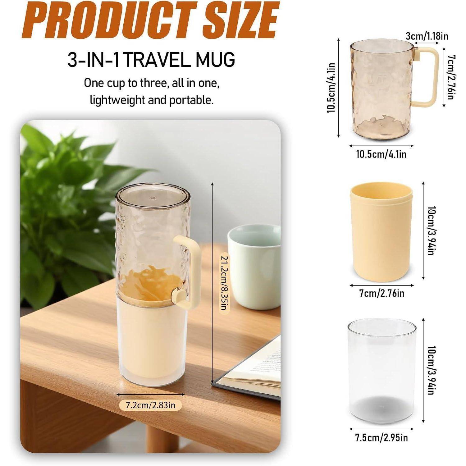 Produktgröße Infografik für eine 3-in-1 Reisekaffee-Tasse, die in drei übereinandergestapelten Teilen gezeigt wird und Abmessungen anzeigt; die zusammengesetzte Tasse ist 21,2 cm hoch und 7,2 cm breit.