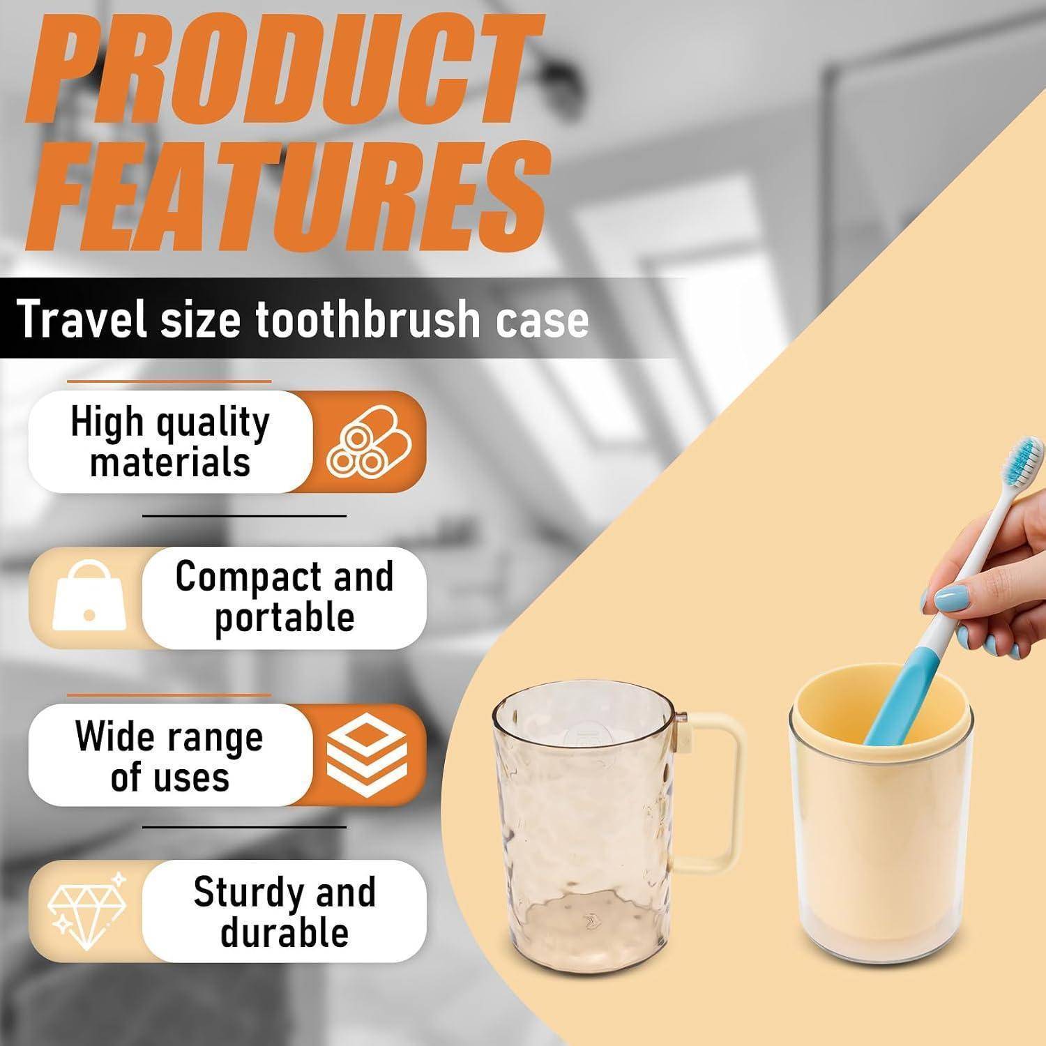 Produktmerkmale-Grafik für ein Reisegröße-Zahnbürstenset-Etui, in dem hochwertige Materialien, kompakte und tragbare Größe, vielfältige Verwendungsmöglichkeiten und robuste sowie langlebige Verarbeitung aufgelistet sind, mit einer Hand, die eine Zahnbürste in ein becherartiges Etui legt.