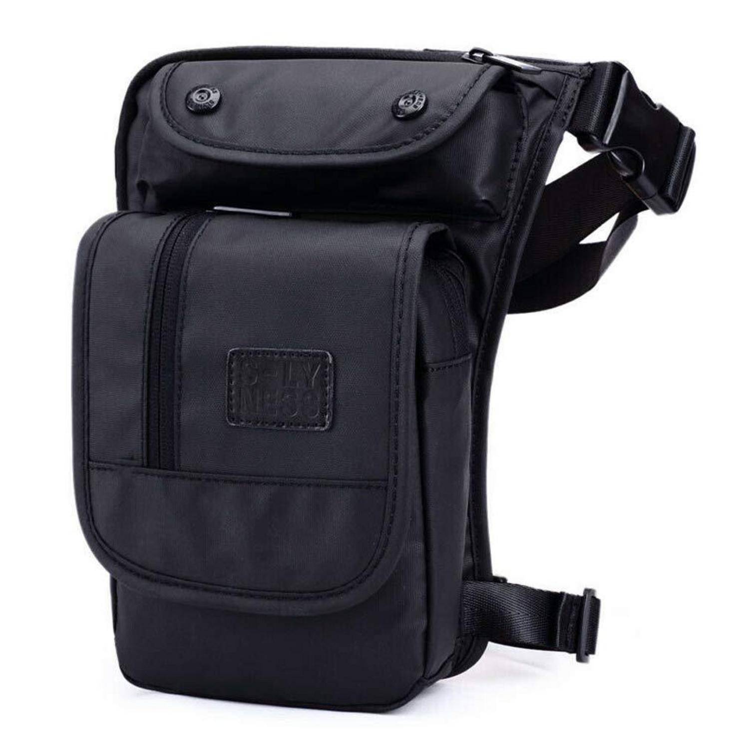 Schwarze taktische Bein- und Hüfttasche mit verstellbaren Riemen und Klapptaschen auf weißem Hintergrund.