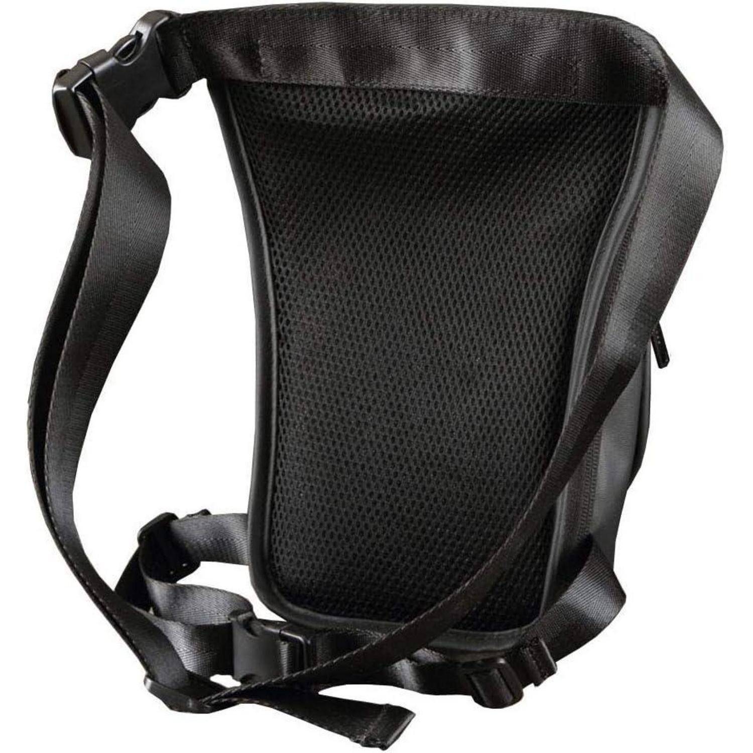Schwarzer gepolsterter Mesh-Rucksack mit Schultergurt-Geschirr, verstellbaren Schnallen und Hüftgurt, auf weißem Hintergrund dargestellt.