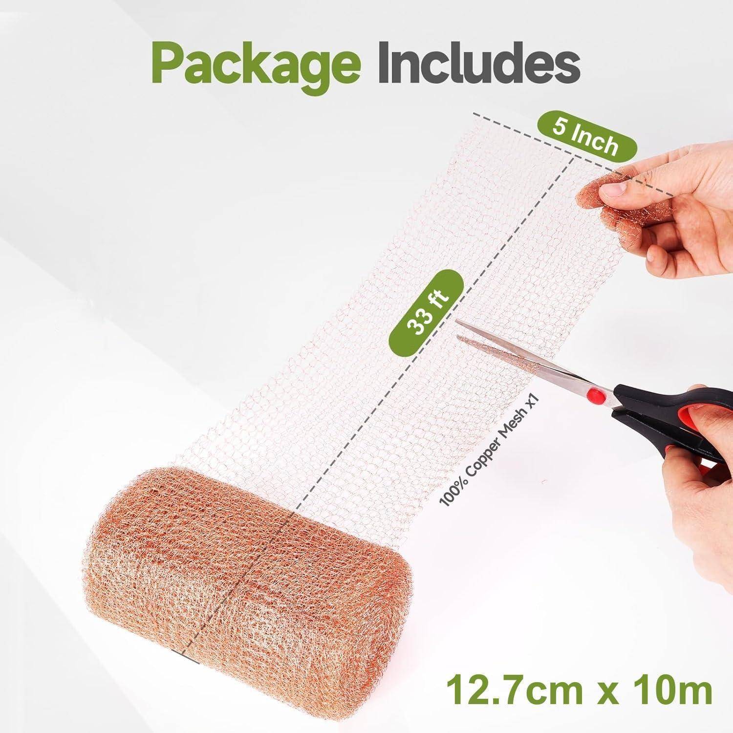 Das Paket enthält eine Kupfernetzrolle mit der Bezeichnung 33 Fuß lang und 5 Zoll breit; eine Schere schneidet das Netz, wobei die Größe mit 12,7 cm x 10 m angegeben ist.