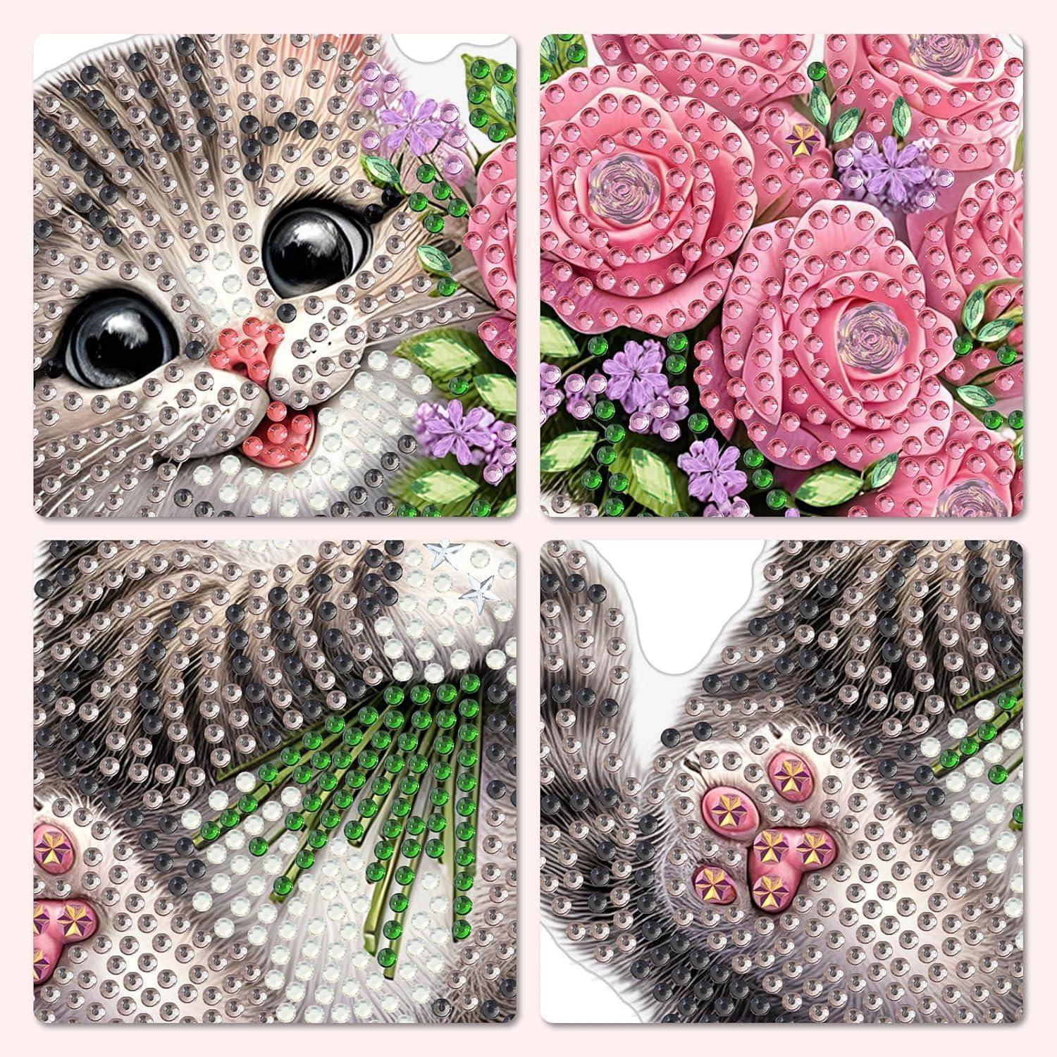 Vier Diamantmalerei-Fliesen: ein Katzenbaby-Gesicht, rosa Rosen mit Blüten, eine Katze mit grünen Blättern und eine Katze mit einem Blumen-Pfotendruck.