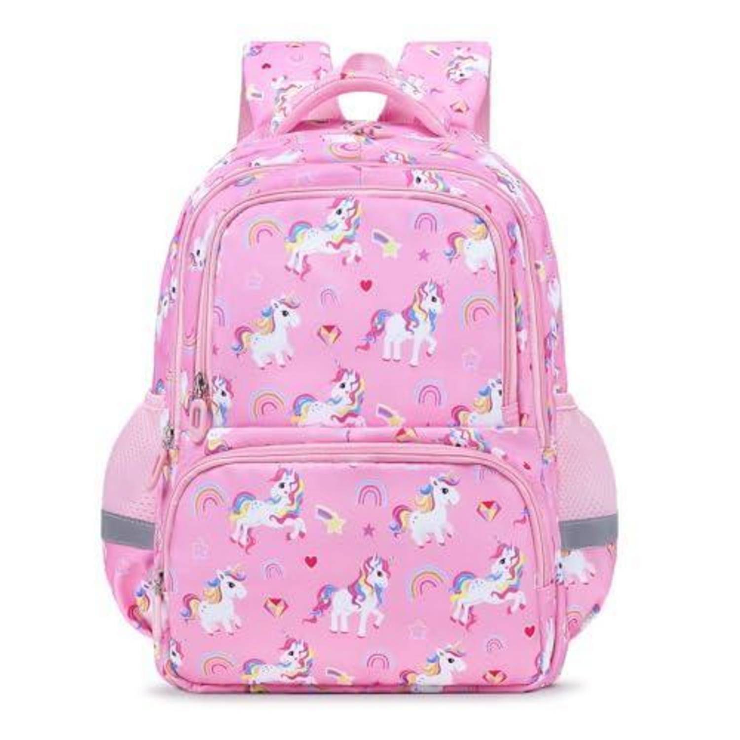 Rosiger Kinderrucksack mit Einhorn- und Regenbogendruck, vordere Tasche, seitliche Netztaschen und oberer Griff, auf weißem Hintergrund dargestellt.