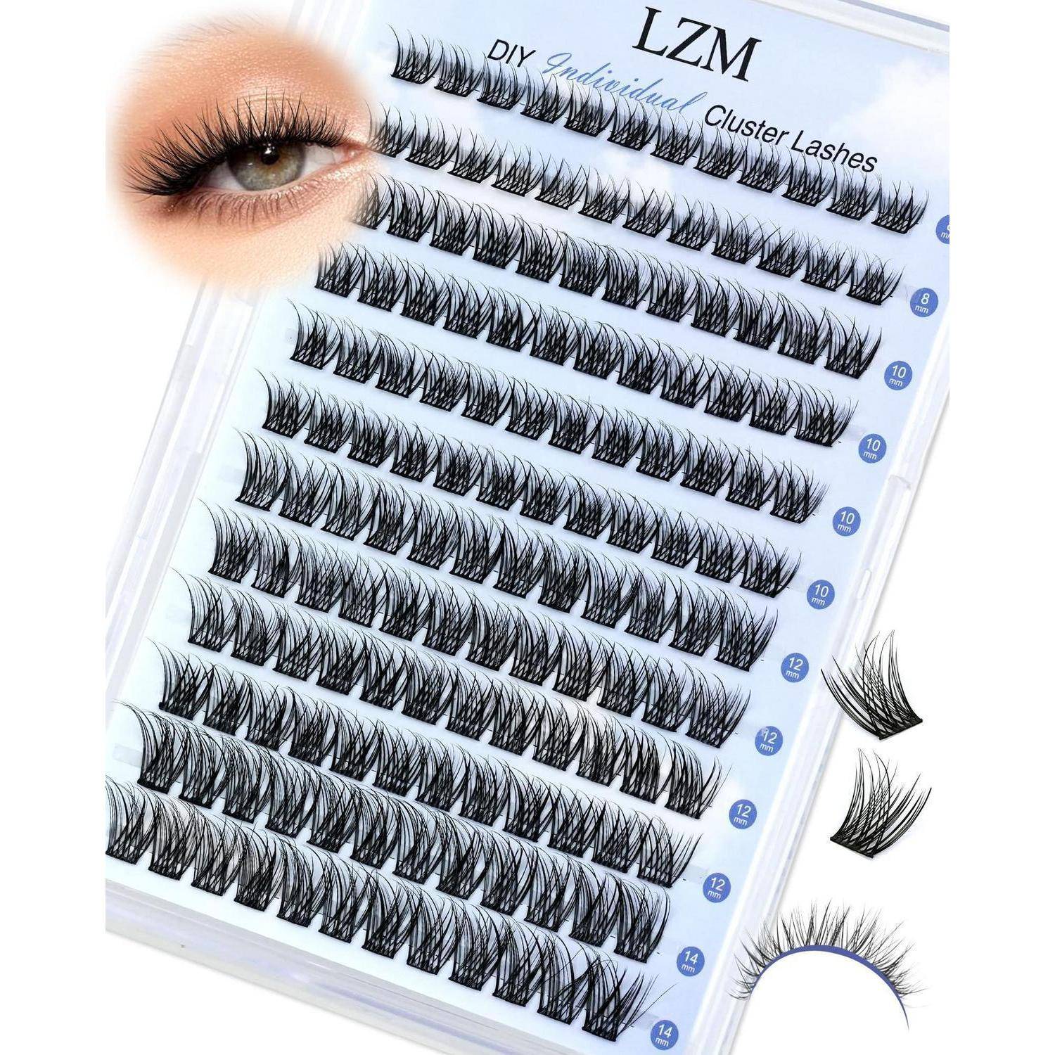 LZM DIY einzelne Cluster-Wimpern in einem Tablett, mit einer Augenansicht, die die Wimpernverlängerungseffekt zeigt.