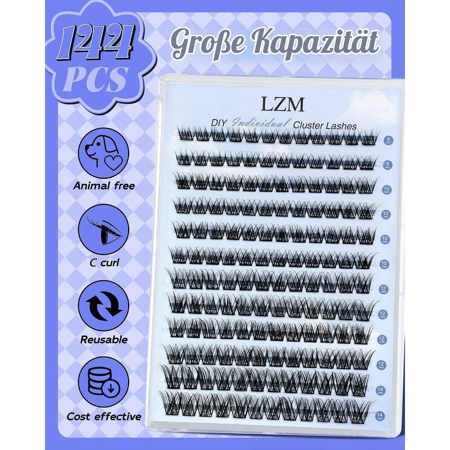 Verpackung für LZM DIY einzelne Büschel-Wimpern, 144 Stück, mit Symbolen für tierversuchsfrei, C-Curl, wiederverwendbar und kostengünstig.