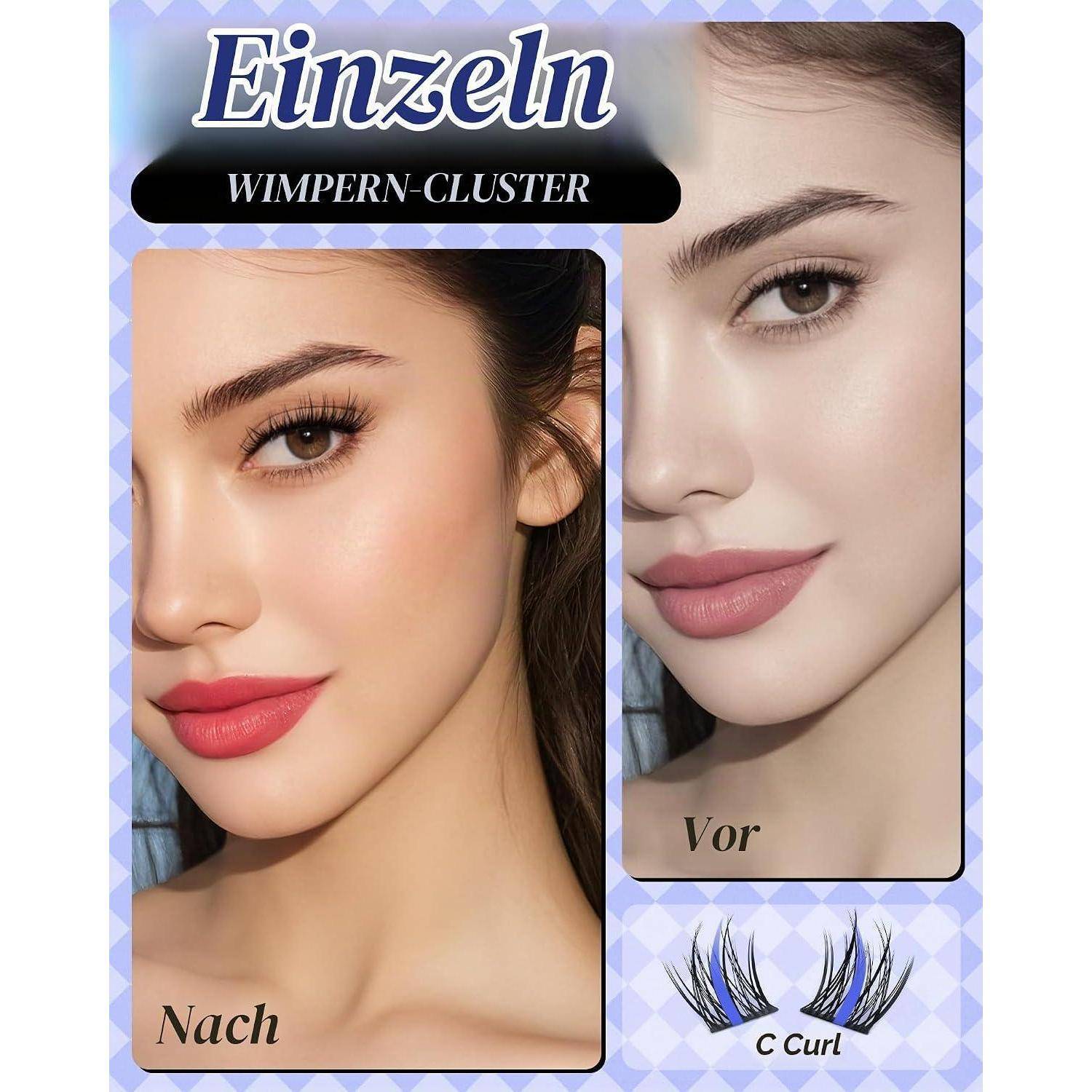 Vorher-Nachher-Anzeige für Wimpernverlängerungen mit dem Gesicht einer Frau; links „Nach