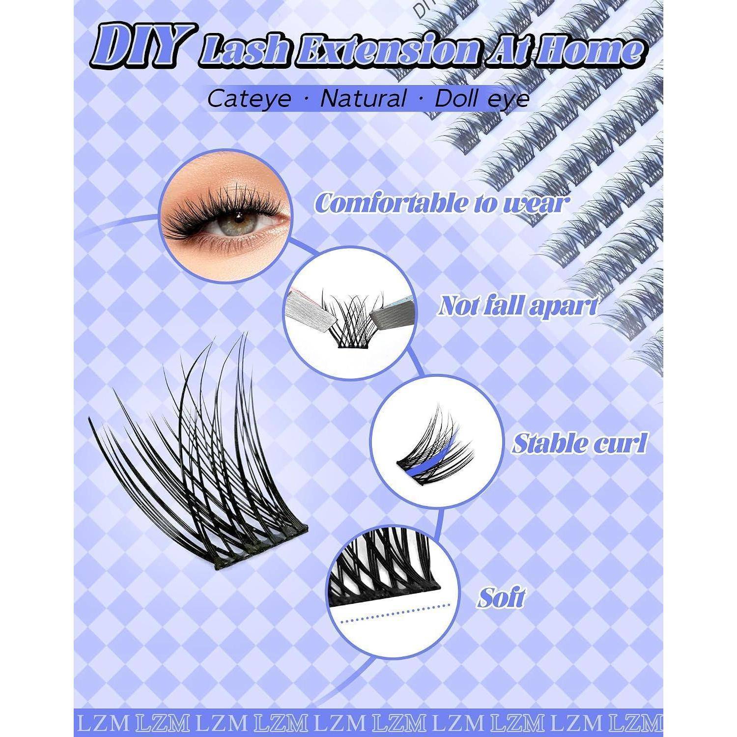 Werbe-Plakat für DIY-Wimpernverlängerungen zu Hause mit Cat-Eye-, Natural- und Doll-Eye-Stilen mit folgenden Aussagen: Angenehm zu tragen, hält zusammen, stabiler Curl und weich.