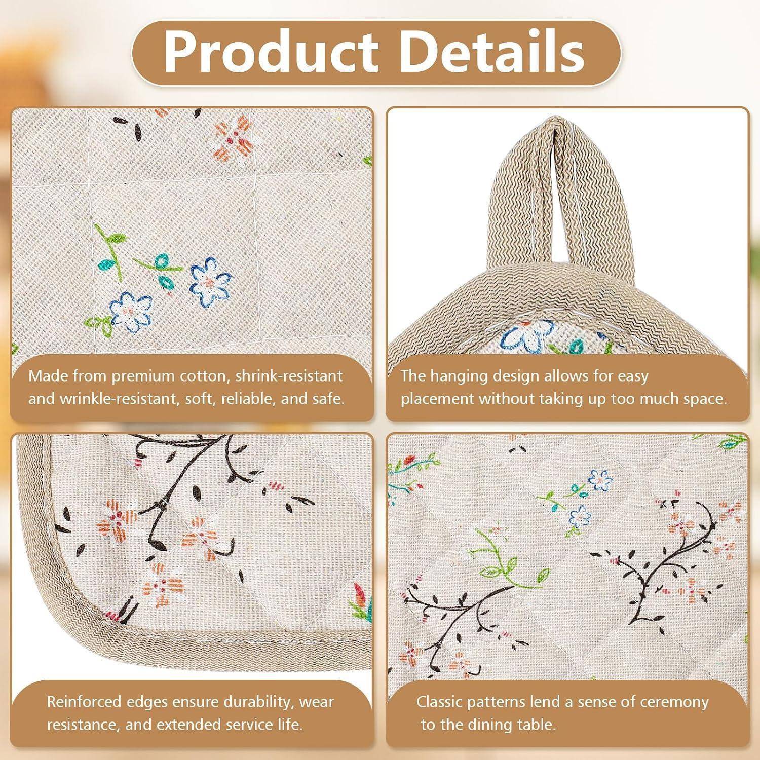 Produktdetails-Collage eines beigen Blumenstoff-Artikels: Premium-Baumwolle, Hängedesign, verstärkte Kanten und klassisches Blumenmuster zur Verwendung beim Essen.