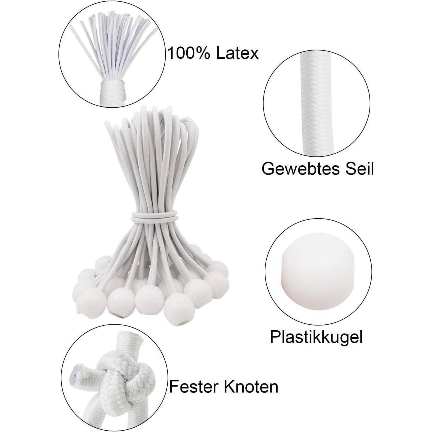 Diagramm eines weißen Latexspielballs aus Latex auf einem gewebten Seil mit einem festen Knoten, beschriftet mit „100% Latex