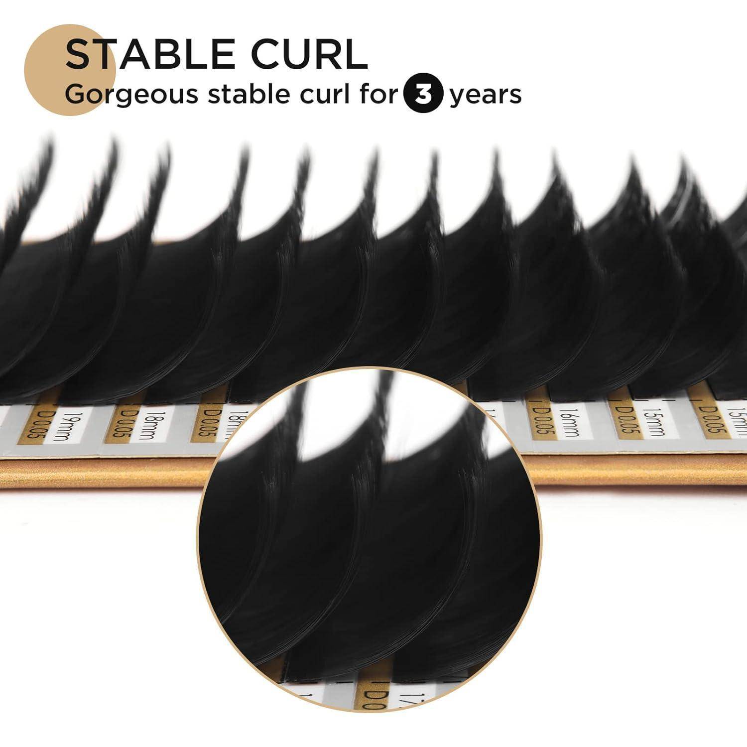 Nahaufnahme von schwarzen Wimpernverlängerungen mit der Bezeichnung „STABLE CURL