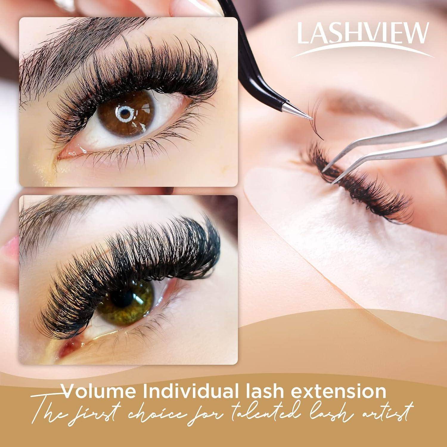 Werbecollage zeigt die Anwendung von Wimpernverlängerungen mit Nahaufnahmen dramatischer voluminöser Wimpern auf Augen, mit der Marke „LASHVIEW