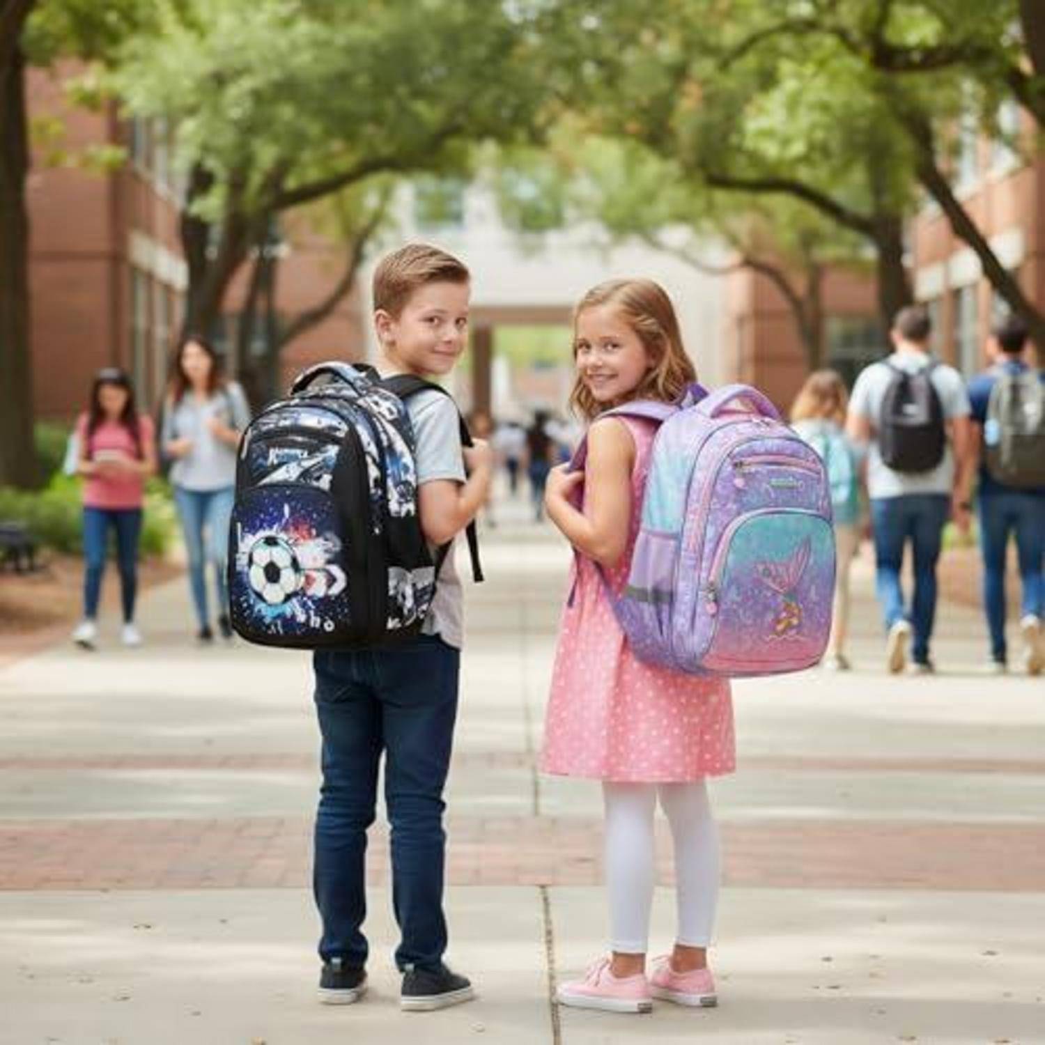 Zwei Kinder mit Rucksäcken lächeln in die Kamera auf einem Schulweg, mit anderen Schülern und Bäumen im Hintergrund.