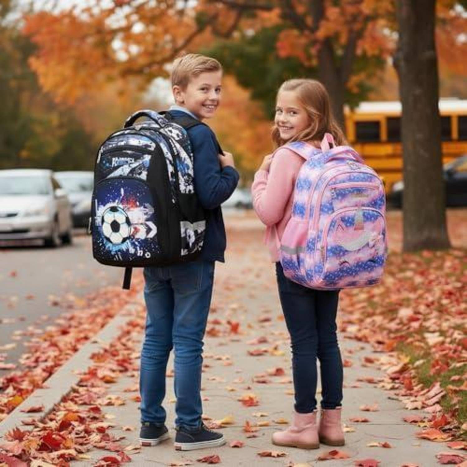Zwei Schulkinder mit Rucksäcken blicken zurück und lächeln, während sie auf einem mit Blättern bedeckten Gehweg im Herbst gehen.