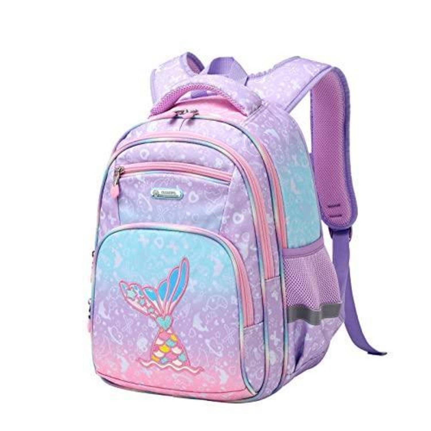Rucksack für Kinder in Lavendelfarbe und Rosa mit Schmetterlingsdesign, Reißverschlusstasche vorne, seitliche Netztaschen und gepolsterte Träger.