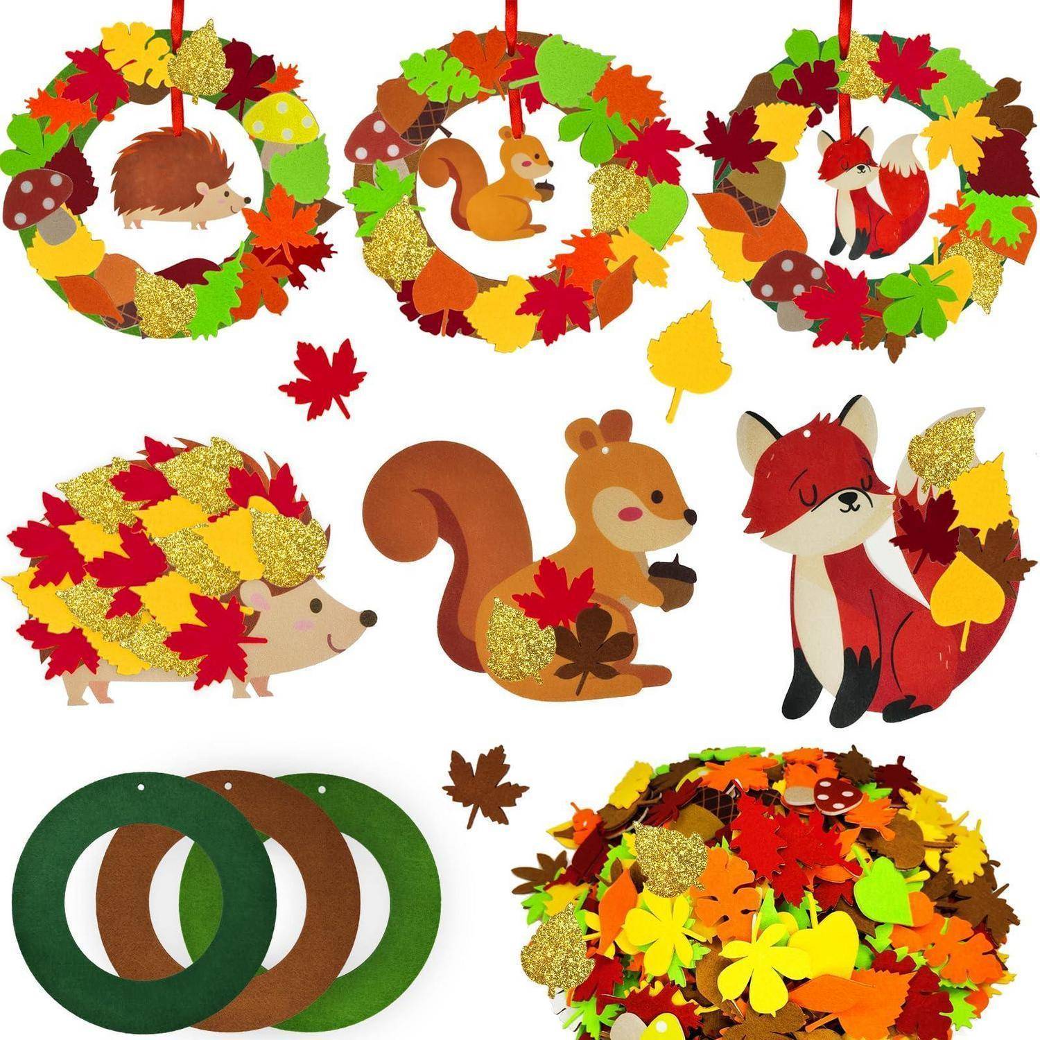 Herbstliches Papierbastelidee mit Waldtieren – ein Igel, Eichhörnchen, Fuchs und Fuchspaar in Laubkränzen – umgeben von bunten Herbstblättern und Ringen.