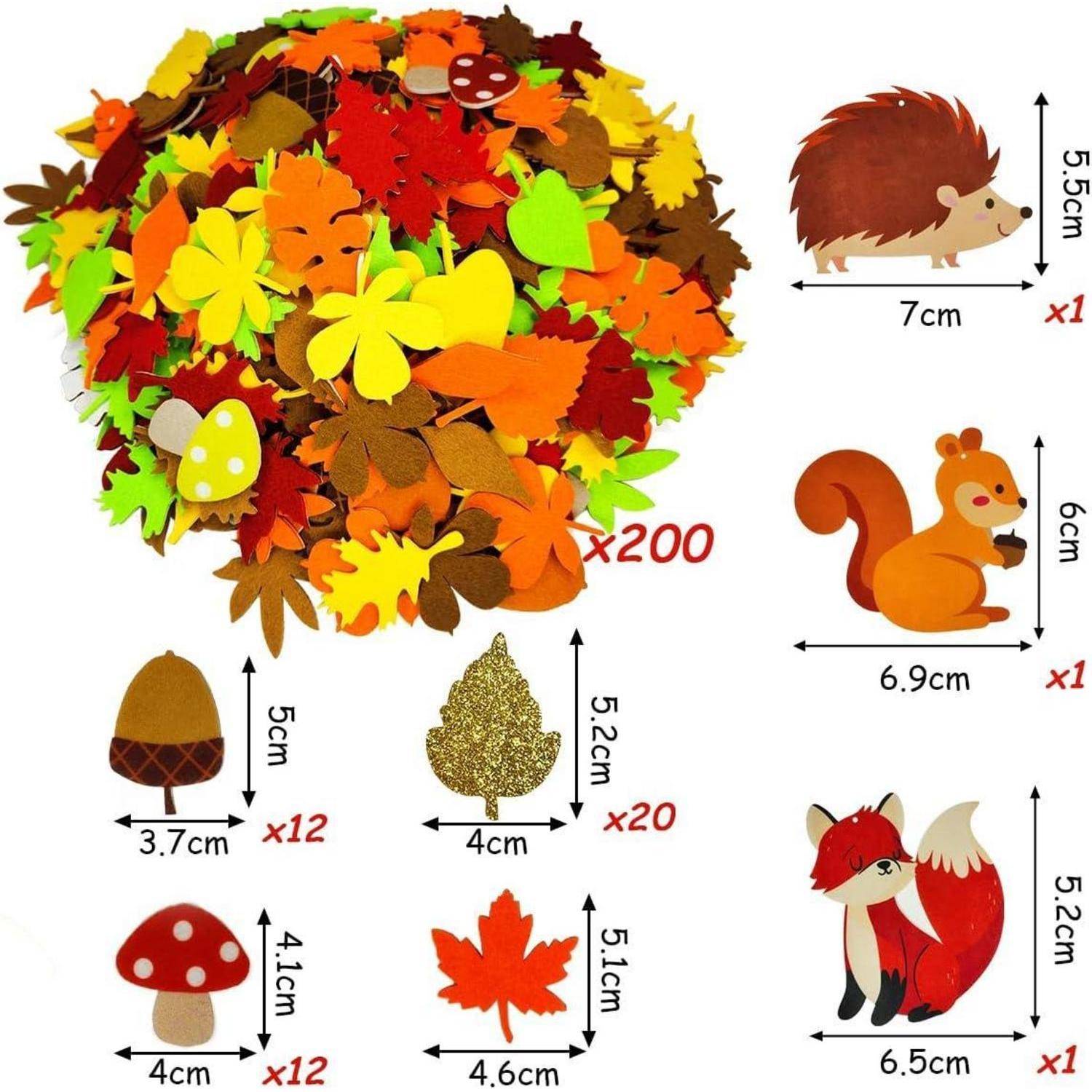 Sortierte Herbstwald-Bastelausschnitte: Ein Stapel von 200 Blättern plus Tier- und Pflanzenformen mit angegebenen Größen für jedes Teil.
