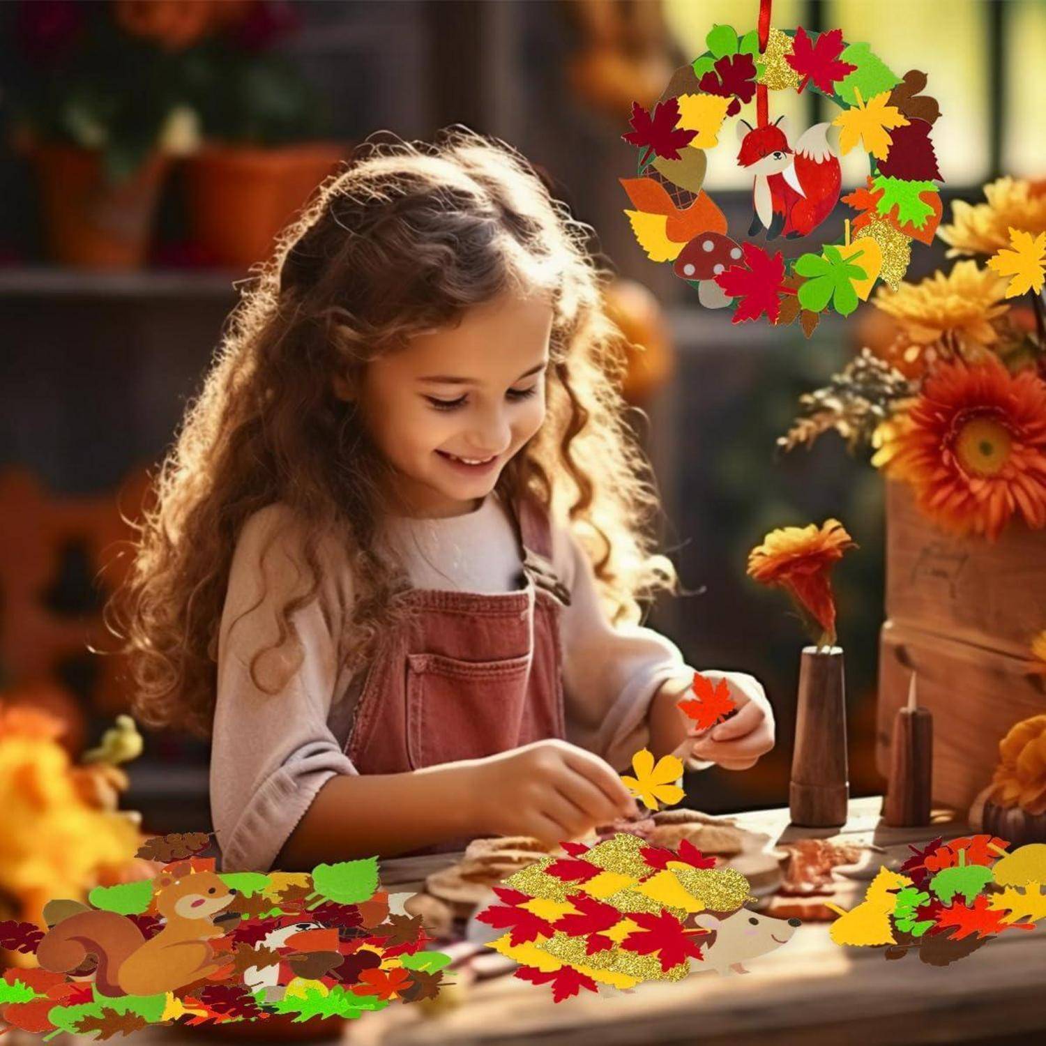 Lächelndes junges Mädchen an einem Tisch, das bunte Herbstblatt-Basteleien arrangiert, mit Herbstkranz und Erntedekoration um sie herum.