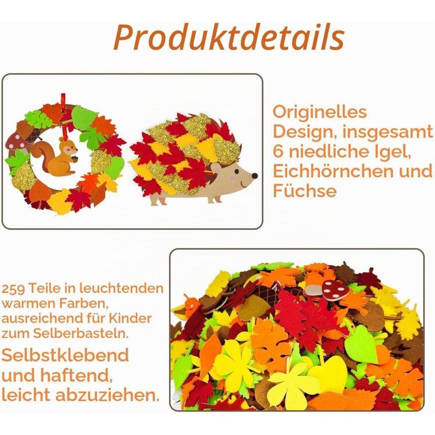 Produktdetails für ein Kinder-Bastelset mit 259 selbstklebenden Blättern in Warmtönen, bestehend aus 6 Eichhörnchen, Igeln und Füchsen.
