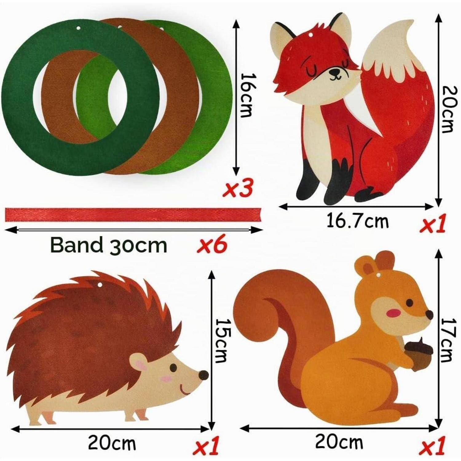 Illustriertes DIY-Bastelset mit Fuchs und Igel, das Ausschnittteile mit Maßangaben zeigt: 3 farbige Ringe, 6 Bänder, 1 Fuchs, 1 Igel und 1 Eichhörnchen.