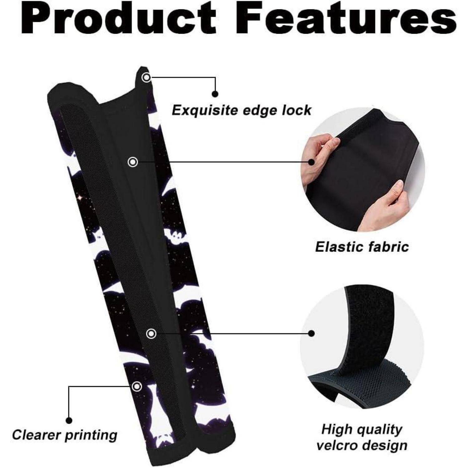 Produktmerkmale-Infografik mit einem schwarzen Stoffwrap und Beschriftungen: „Exquisite Kantensicherung
