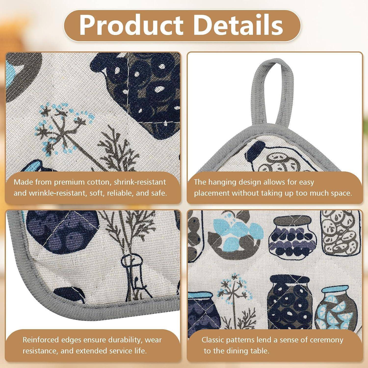 Produktdetails-Kollage mit einer hängenden gesteppten Tischdecke mit Blumen- und Marinemustern, die Baumwollstoff, verstärkte Kanten und dekorative Verwendung hervorhebt.