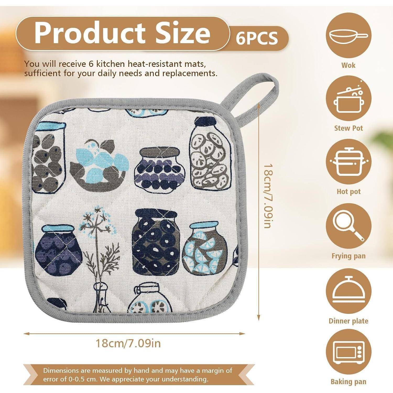 Produktgrößen-Infografik für eine 6-teilige hitzebeständige Küchenmatte mit einer quadratischen Matte mit Griff, 18 cm x 18 cm, geeignet für Wok, Schmortopf, Feuertopf, Bratpfanne, Teller und Backblech.