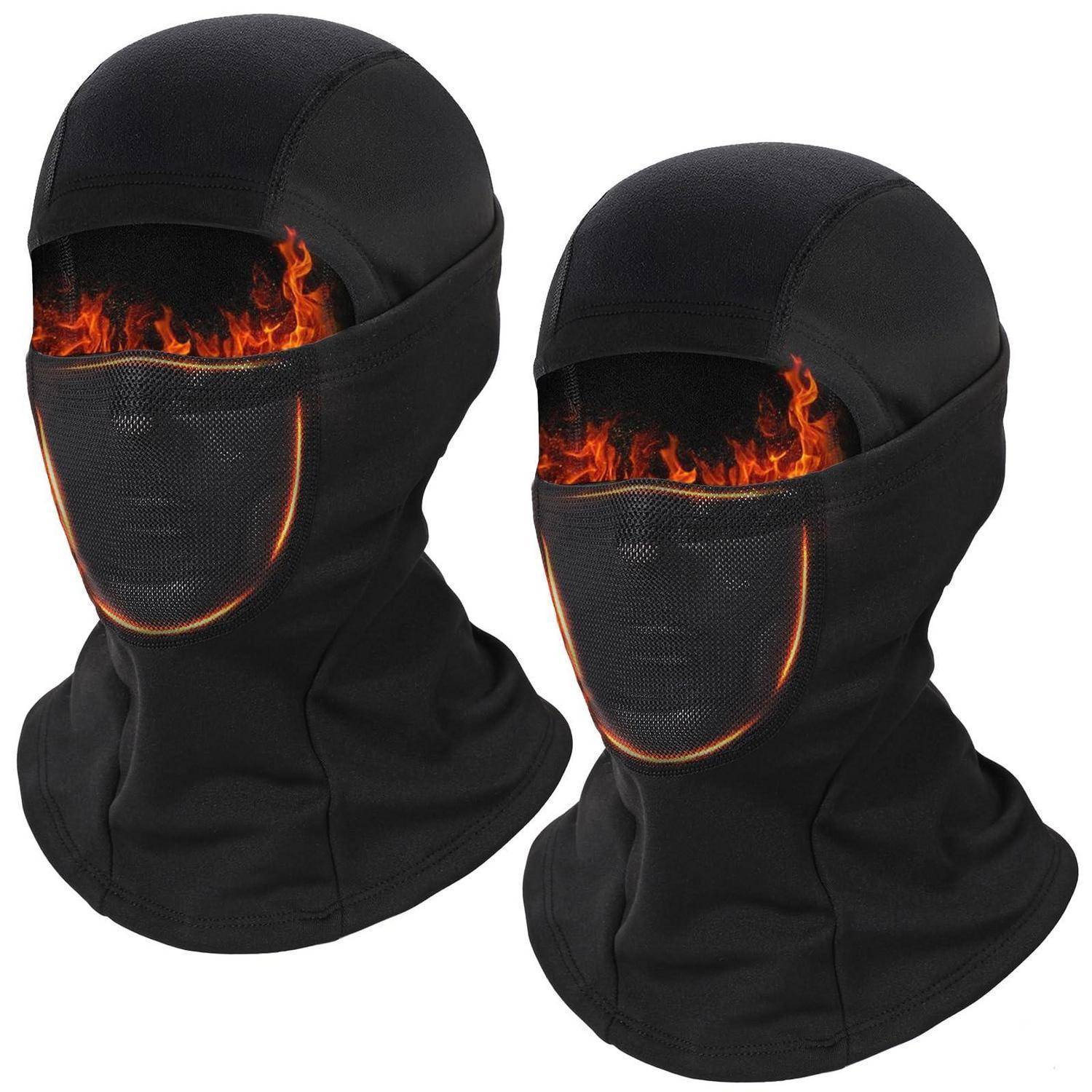 Zwei schwarze Sturmhauben-ähnliche Gesichtsmasken mit Mesh-Gesichtspanels und Flammengrafikern im Augenbereich, auf weißem Hintergrund dargestellt.