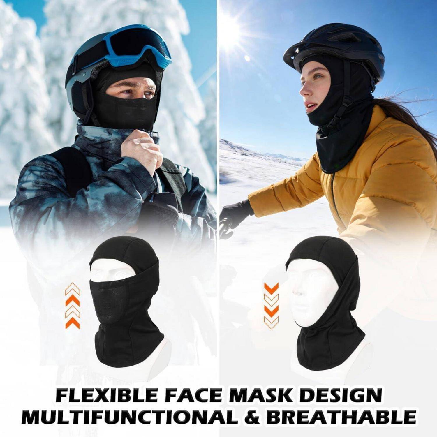 Werbebildung zweier Wintersportler, die eine flexible schwarze Gesichtsmaske unter Helmen tragen, wobei die Maske an und aus gezeigt wird mit dem Text „FLEXIBLES GESICHTSMASKENENTWURF MULTIFUNKTIONAL & ATMUNGSAKTIV".