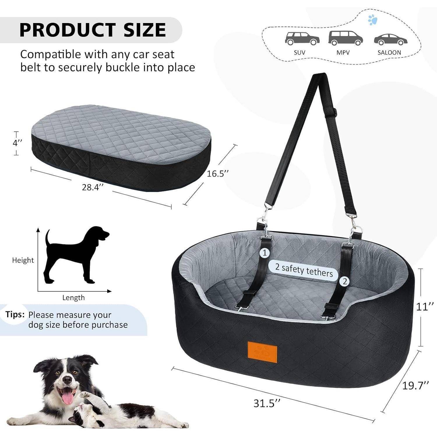 Produktgrößendiagramm für ein Hundebett im Auto mit den Abmessungen 31,5 x 19,7 x 11 Zoll, 2 Sicherheitsgurte und passend für SUV, Minivan und Limousinen.