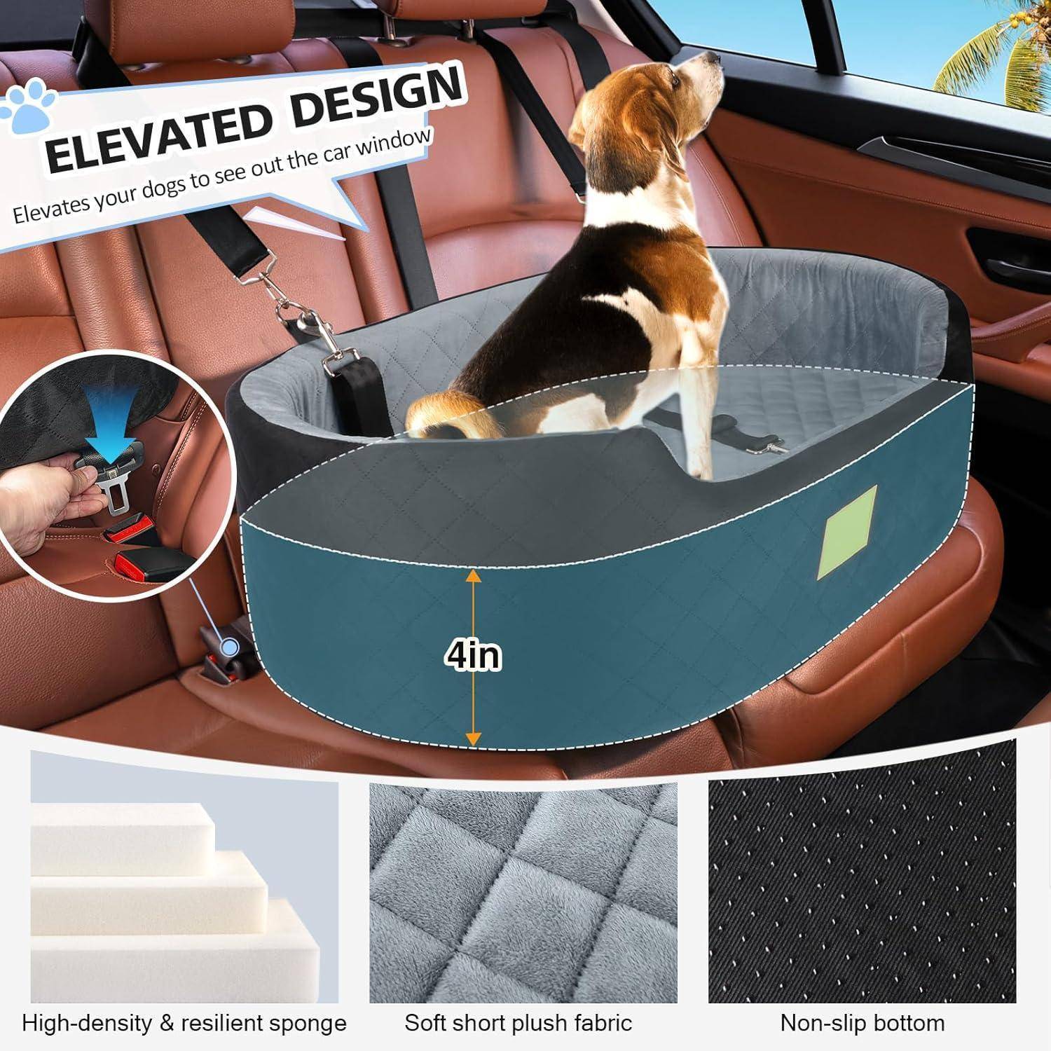 Hundeautositz mit erhöhtem Design und 4-Zoll-Seitenwänden, plus Ausschnitt mit verstellbarer Sicherheitsgurt-Befestigung und Beschriftungen für Schwamm, Plüschstoff und rutschfeste Unterseite.
