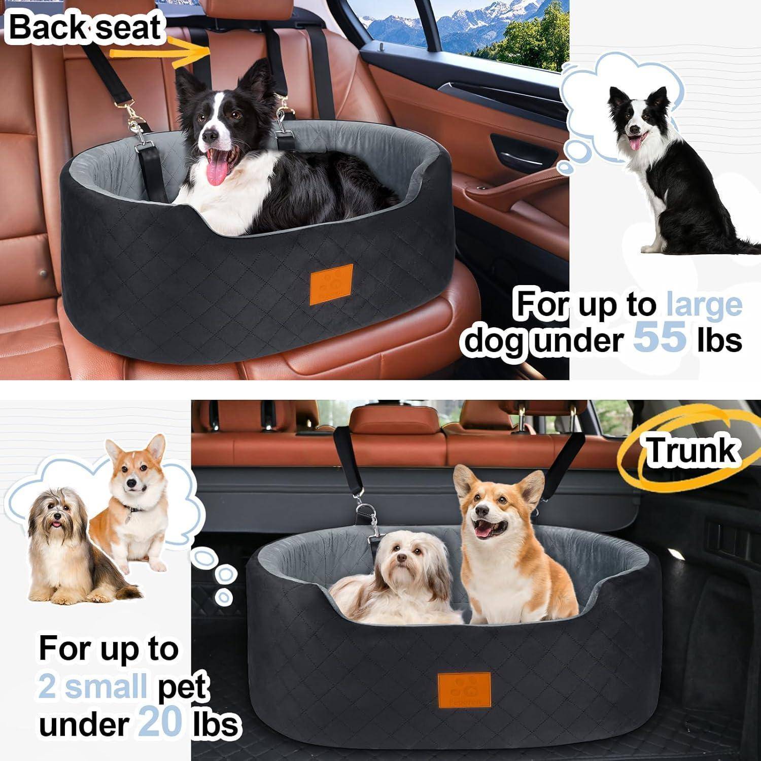 Autositz-Haustierbett für die Rückbank für große Hunde bis 55 lbs und für den Kofferraum für kleine Haustiere unter 20 lbs.