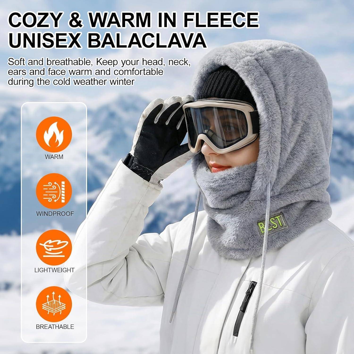 Werbebild einer Person in Winterbekleidung, die eine Fleece-Unisex-Sturmhaube und Skibrillen trägt, mit Text, das warme, winddichte, leichte und atmungsaktive Eigenschaften hervorhebt.