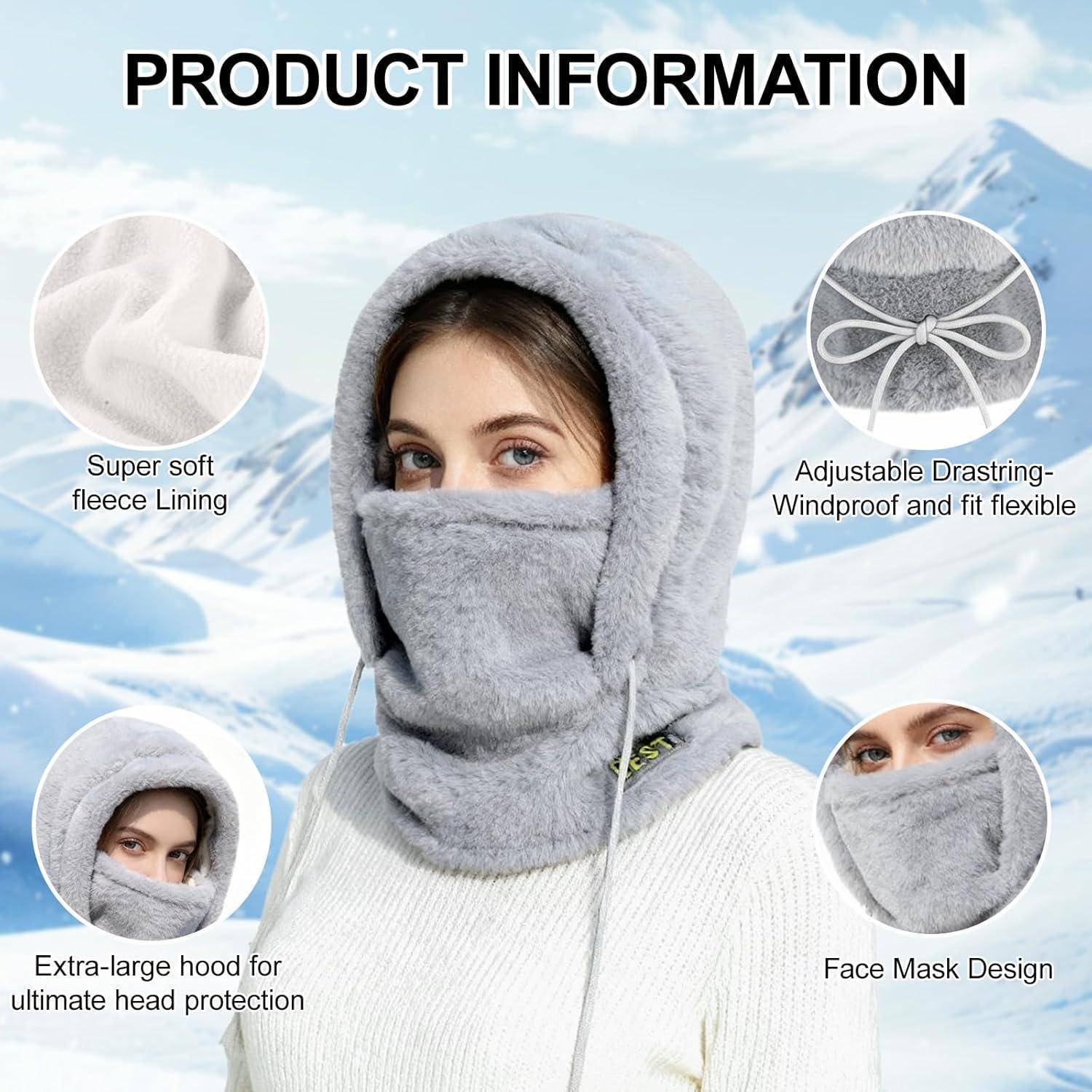 Produktinformationsgrafik für eine graue Fleece-Gesichtsmaske mit Kapuze, die eine superweiche Innenseite, verstellbare winddichte Kordelzüge, extra große Kapuze und Gesichtsmaskenbauweise hervorhebt.