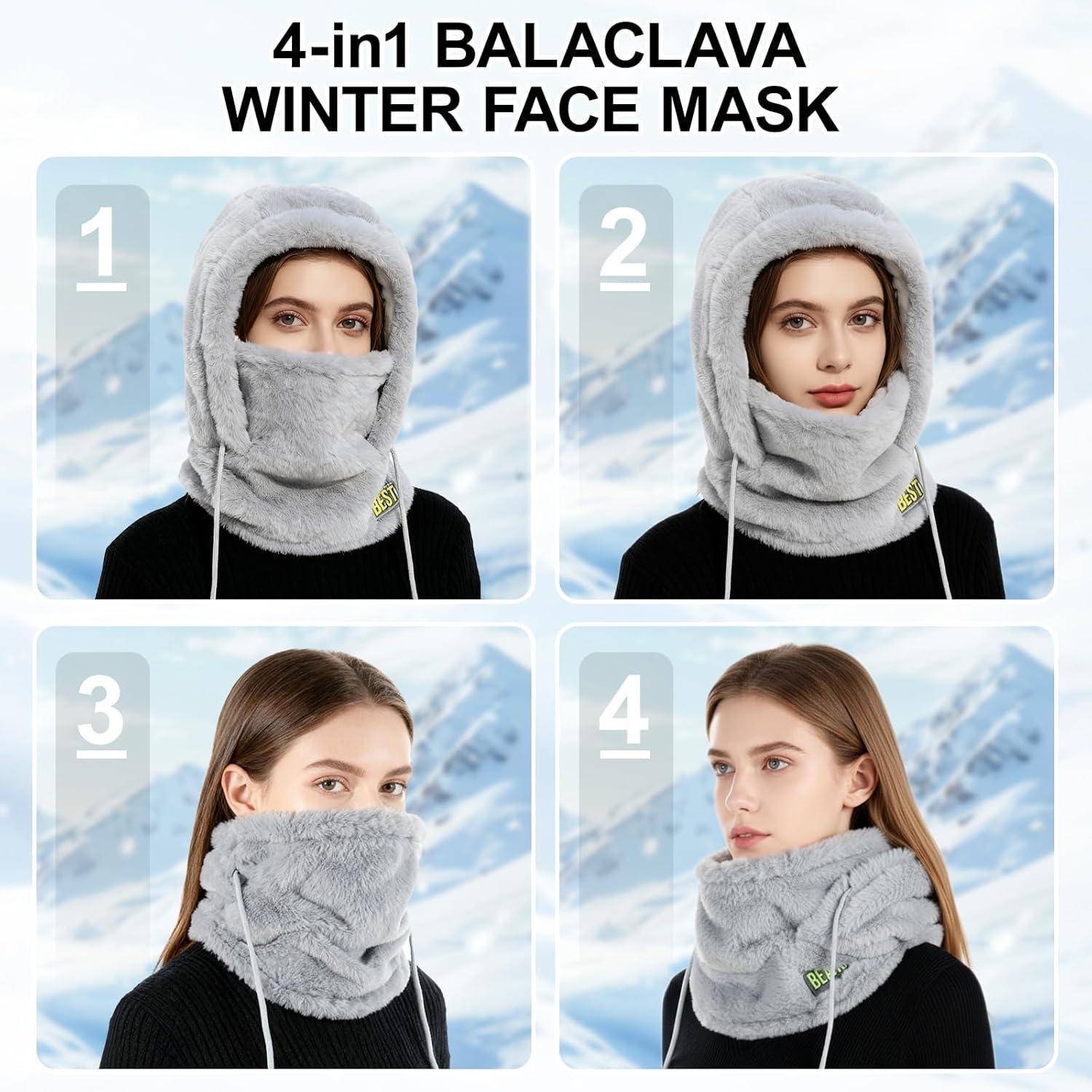 Produktbild zeigt eine 4-in-1-Sturmhaube, ein Wintergesichtsmaske, das vier verschiedene Arten getragen wird, wobei Kopf, Nacken und Gesicht zum Schutz vor Kältewetter bedeckt werden.