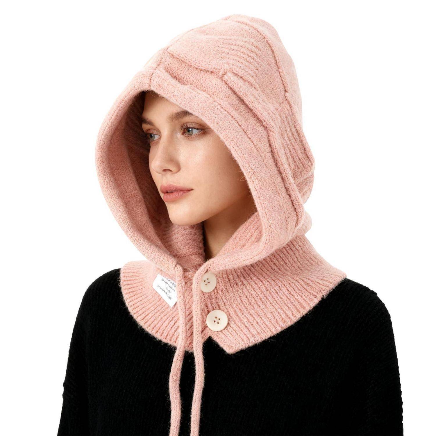 Damen Kapuzenschal Thermo Strickmütze Nackenwärmer Rosa