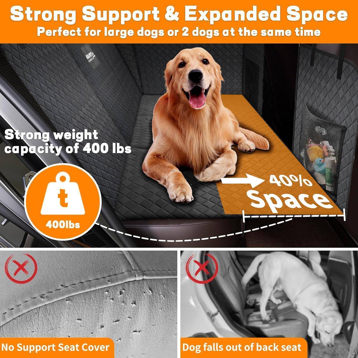 Werbebild einer Hundeautositzauflage mit einem Golden Retriever auf einer erweiterten Plattform; Der Text besagt starke Unterstützung, 400-Pfund-Kapazität und 40% mehr Platz.
