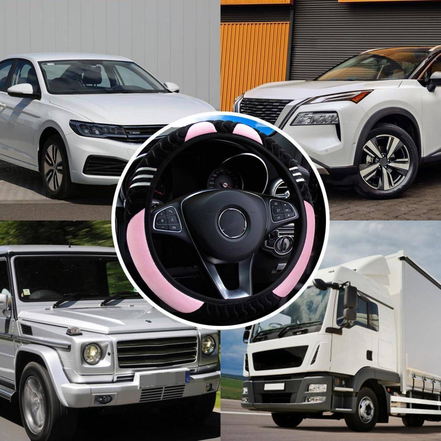 Lenkrad mit rosa und schwarzem Bezug, zentriert über einer Collage aus Limousine, SUV, Geländewagen und Lastkraftwagen.