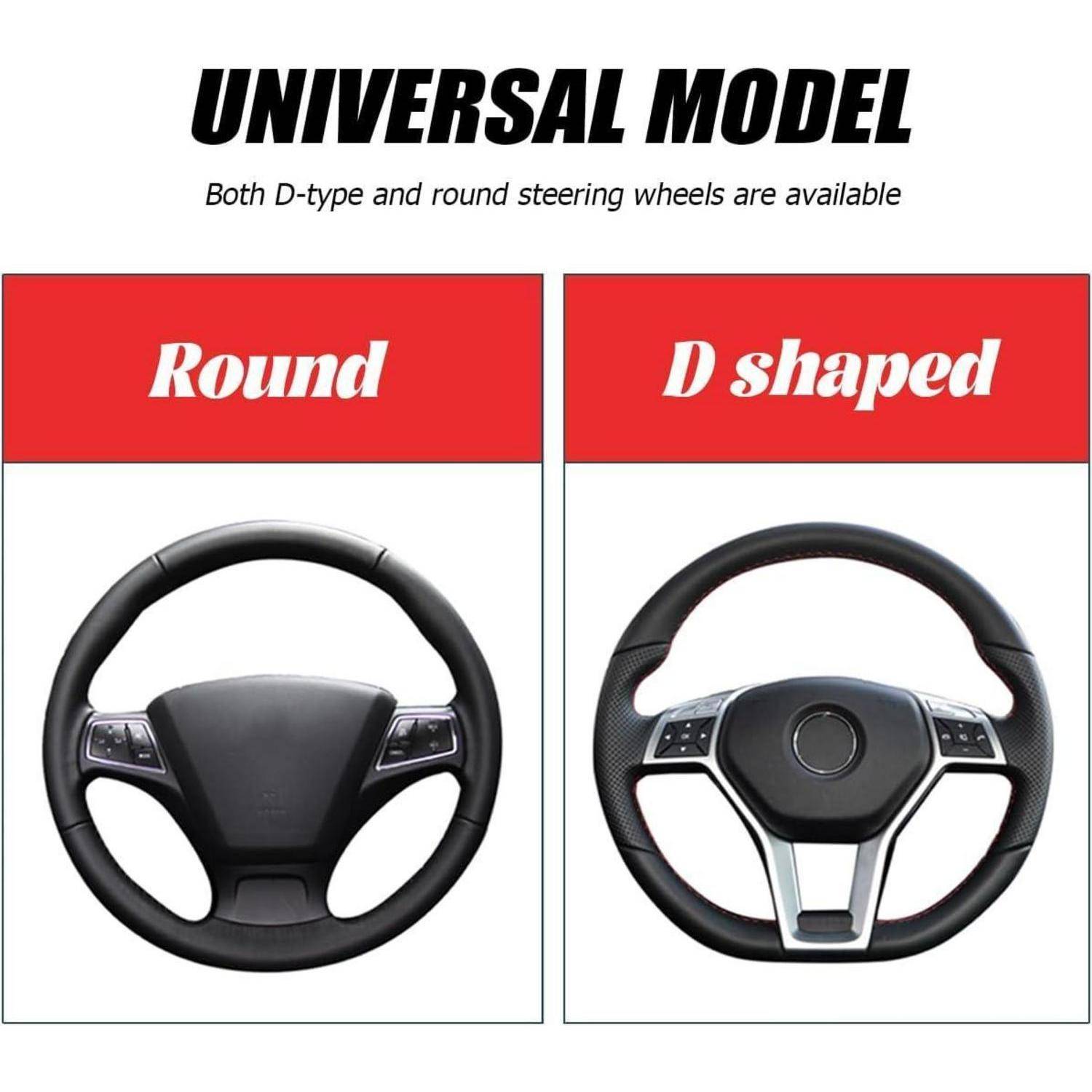 Vergleichsbild mit dem Titel "UNIVERSELLES MODELL"", das verfügbare Lenkradstile zeigt: rund und D-förmig.