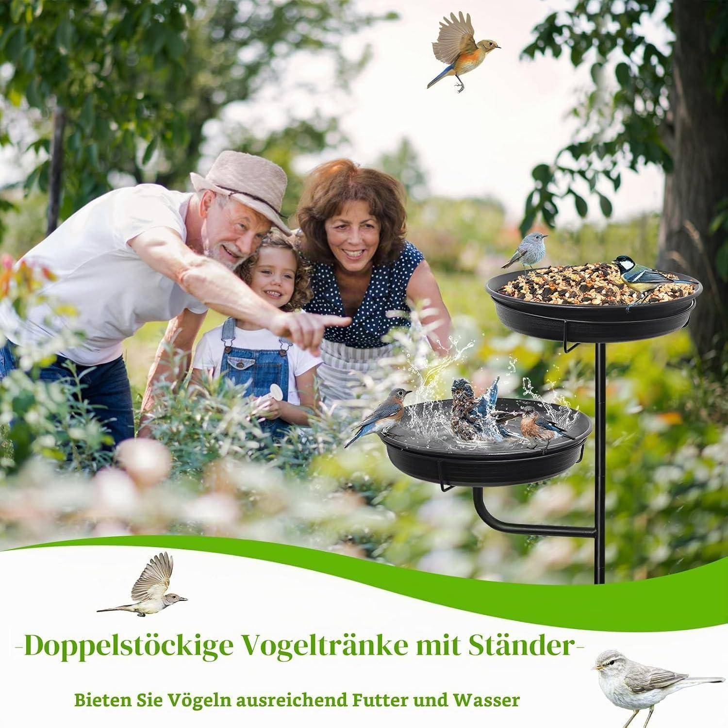Vogeltränke 2-in-1 freistehend mit Futterschale Schwarz