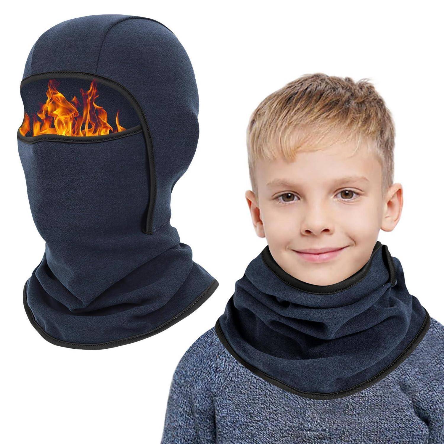 Kind trägt eine dunkle Wärme-Sturmhaube Nackenmanschette, gezeigt mit einer Nahaufnahme-Einfügung, die die Gesichtsöffnung und das flammenhemmende Design hervorhebt.