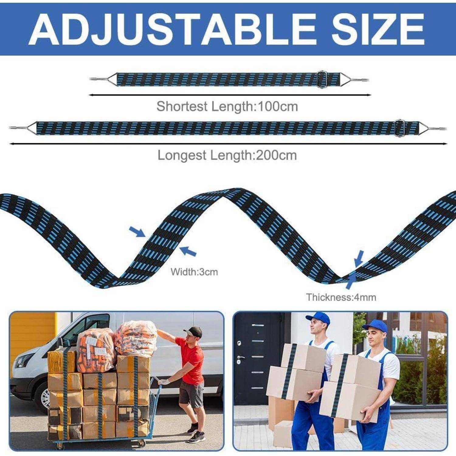 Produktgrafik mit verstellbarem Frachtgurt: Kürzeste Länge 100cm, längste Länge 200cm, Breite 3cm, Dicke 4mm, plus Fotos von Umzugsarbeitern, die Kartons tragen.