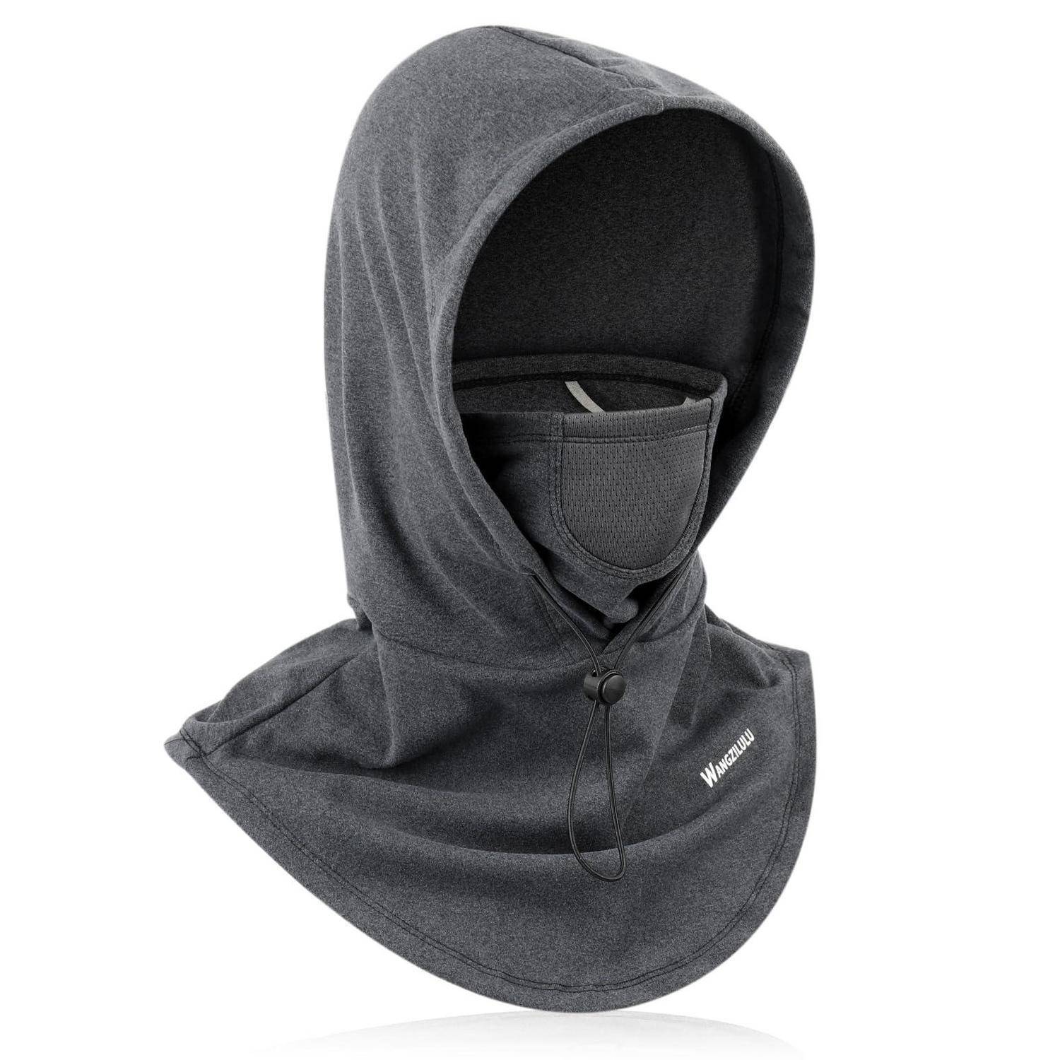 Grau gefärbte Kapuzengesichtsmaske mit integrierter Hals- und Brustabdeckung, gezeigt auf weißem Hintergrund.