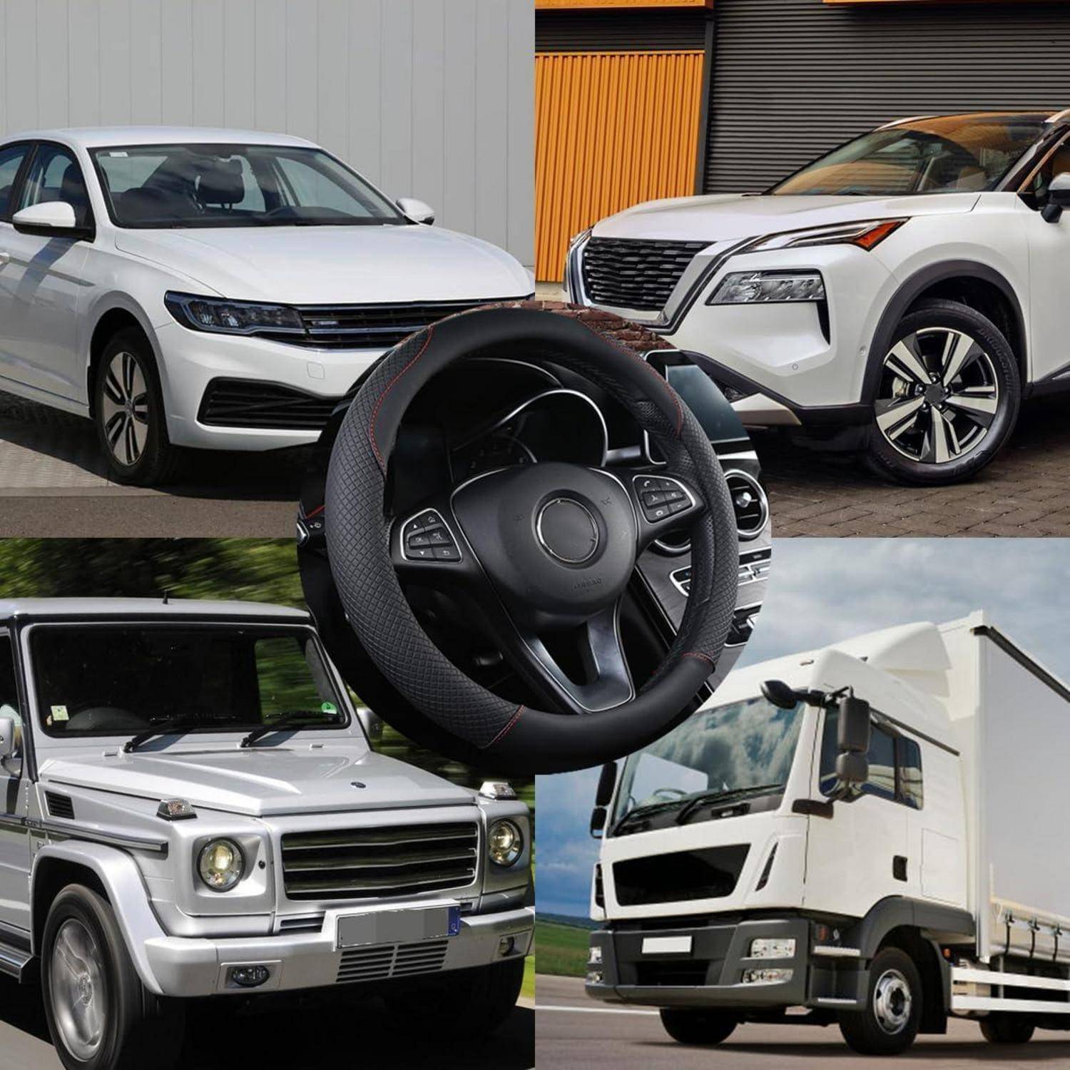 Collage von Fahrzeugbildern mit einem zentrierten Autolenkrad, plus zwei weiße SUVs, ein silberner G-Wagen-ähnlicher SUV und ein weißer Kastenwagen.