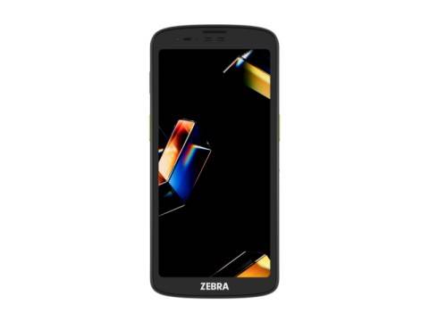 Schwarzes Zebra-Handgerät von vorne mit dunklem Bildschirm und buntem abstraktem Hintergrundbild, Zebra-Logo am unteren Ende.