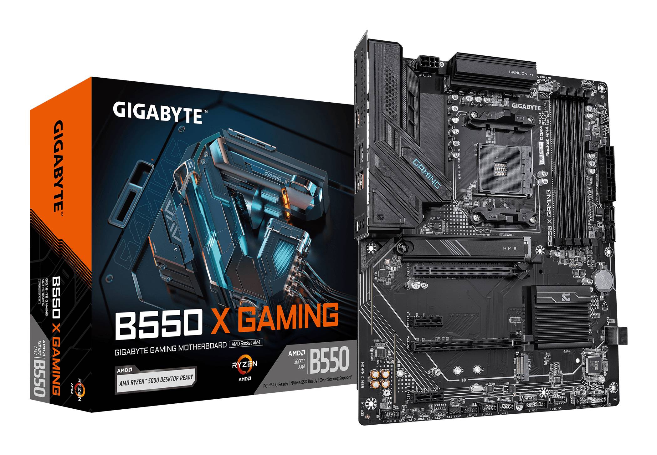 Gigabyte B550 X Gaming Motherboard neben seiner Einzelhandelsverpackung gezeigt, mit AMD Ryzen 3. Generation und B550 Chipset Branding.