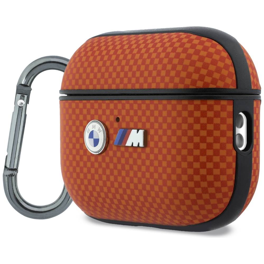BMW Hülle AirPods Pro 3 Steppmuster Kevlar Logo Metall mit Karabiner orange