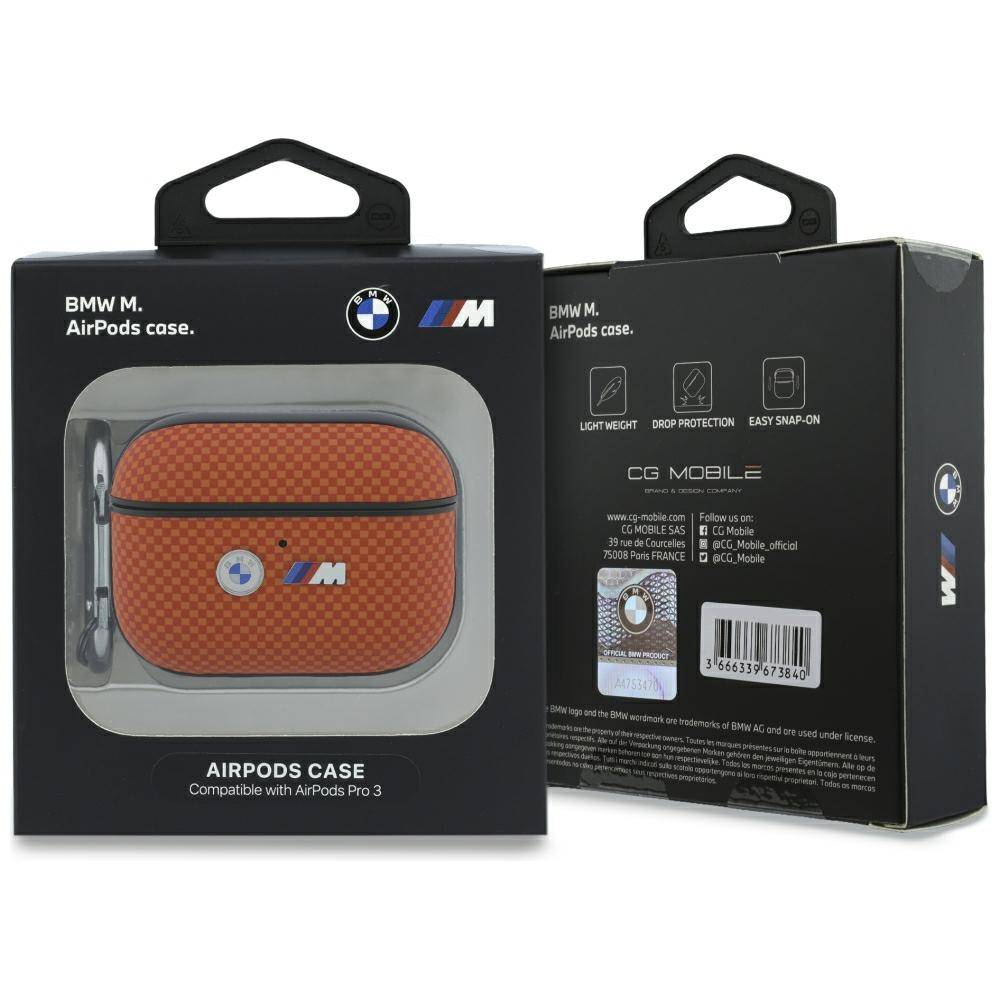 BMW Hülle AirPods Pro 3 Steppmuster Kevlar Logo Metall mit Karabiner orange